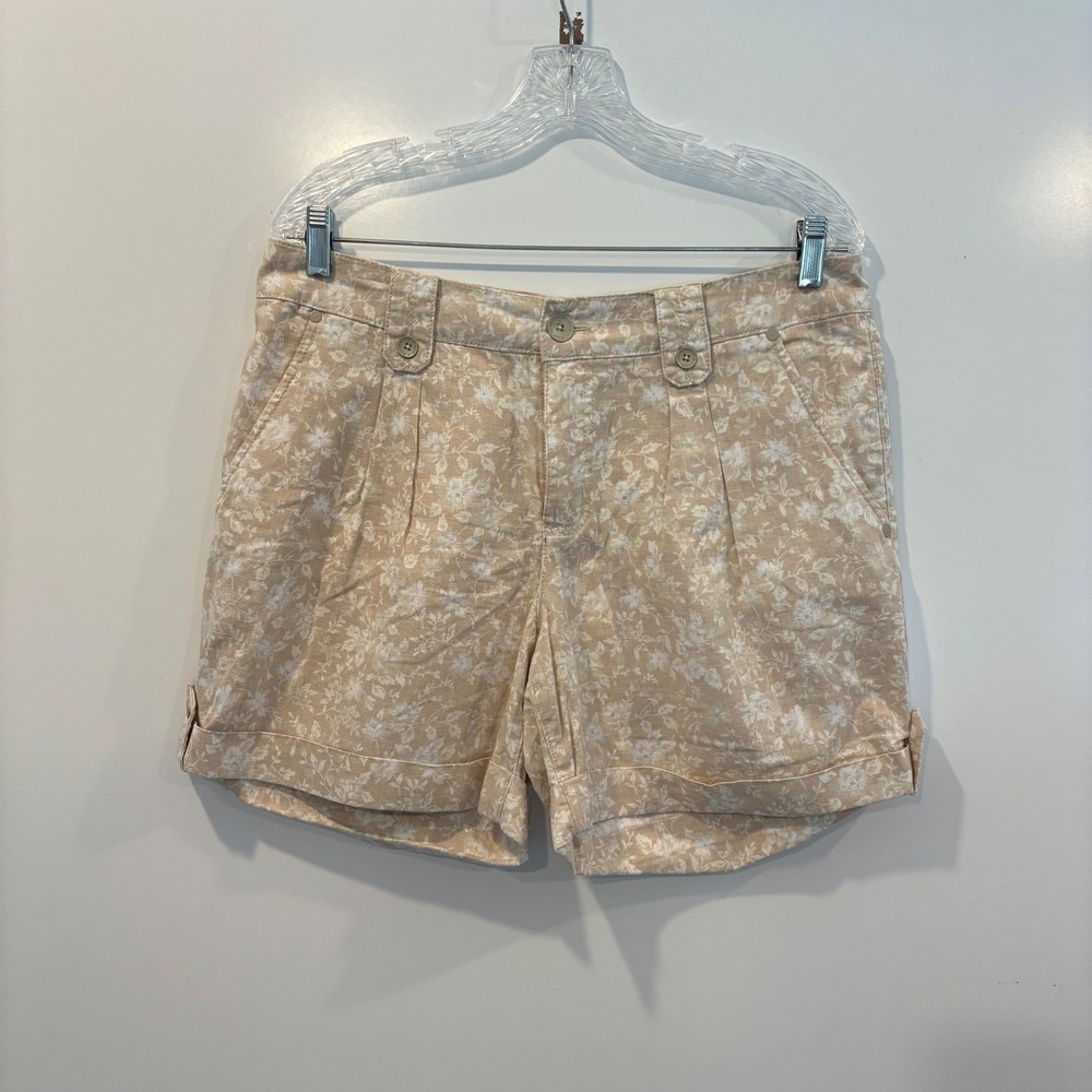 Bandolino Blu Women's Size 10 Beige Floral Linen Cotton Blend Cuffed Shorts